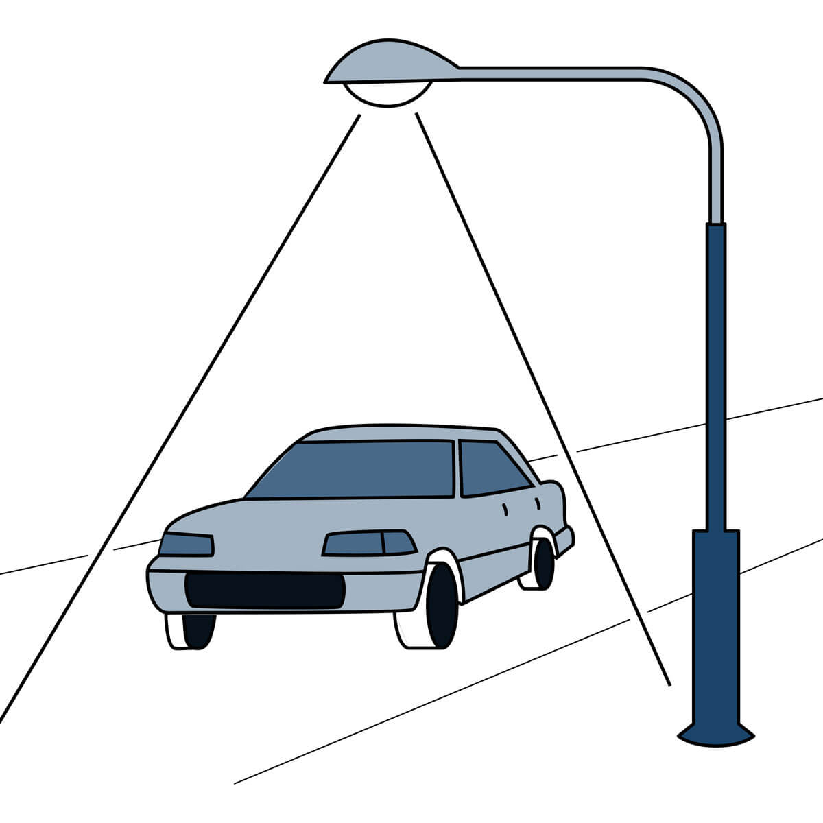 Illustration of a street light shining on a car driving down the street.
